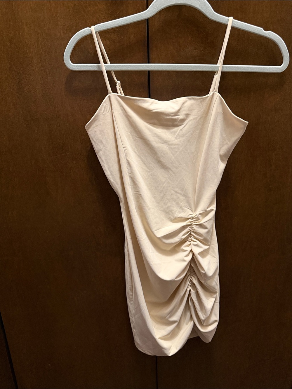 Ruched Spaghetti-Strap Mini Dress in Cream